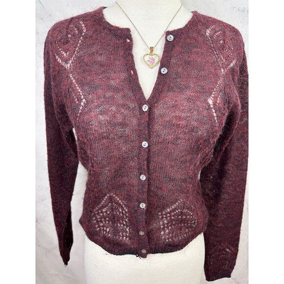 Calme Johnny Was y2k Burgundy Open Knit Cardigan Sweater Top S Wool Cottagecore - Picture 10 of 16